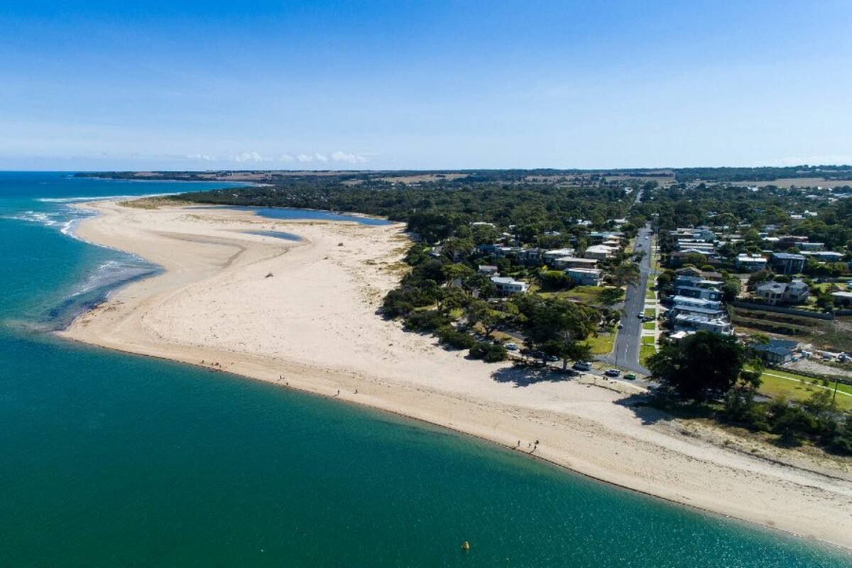Aerial view of Inverloch and the sandbars of Anderson Inlet