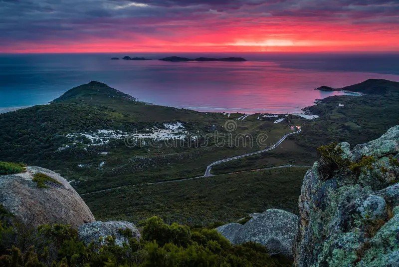 Sunset over the coast and bays of Wilsons Promontory from a high lookout