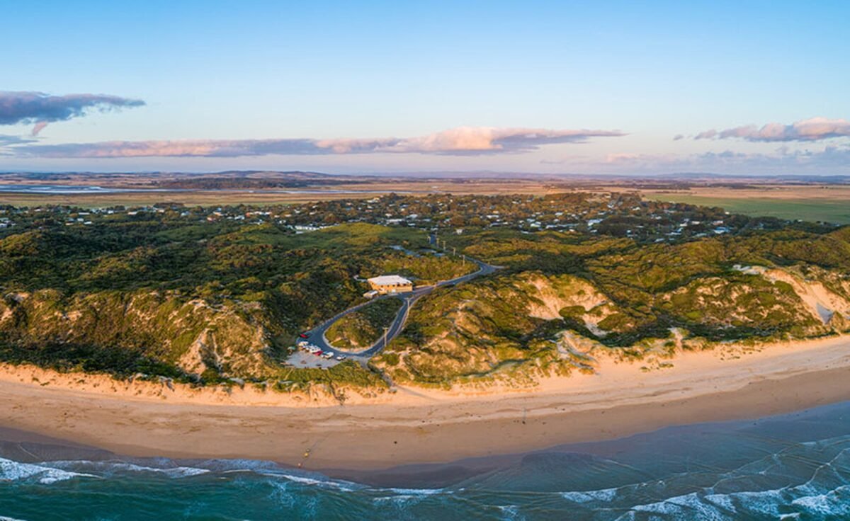 Aerial view of the beaches and dunes at Venus Bay at sunset